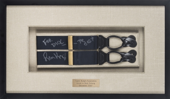 Larry King Worn & Signed Suspenders Gifted To Dick Enberg In 19x11 Shadowbox (Letter of Provenance & Beckett)